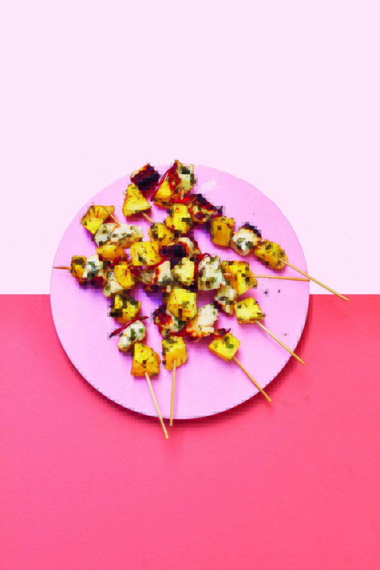 Griddled Pineapple, Halloumi and Mint Skewers