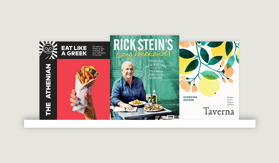Books by The Athenian, Rick Stein and Georgina Hayden displayed on a shelf