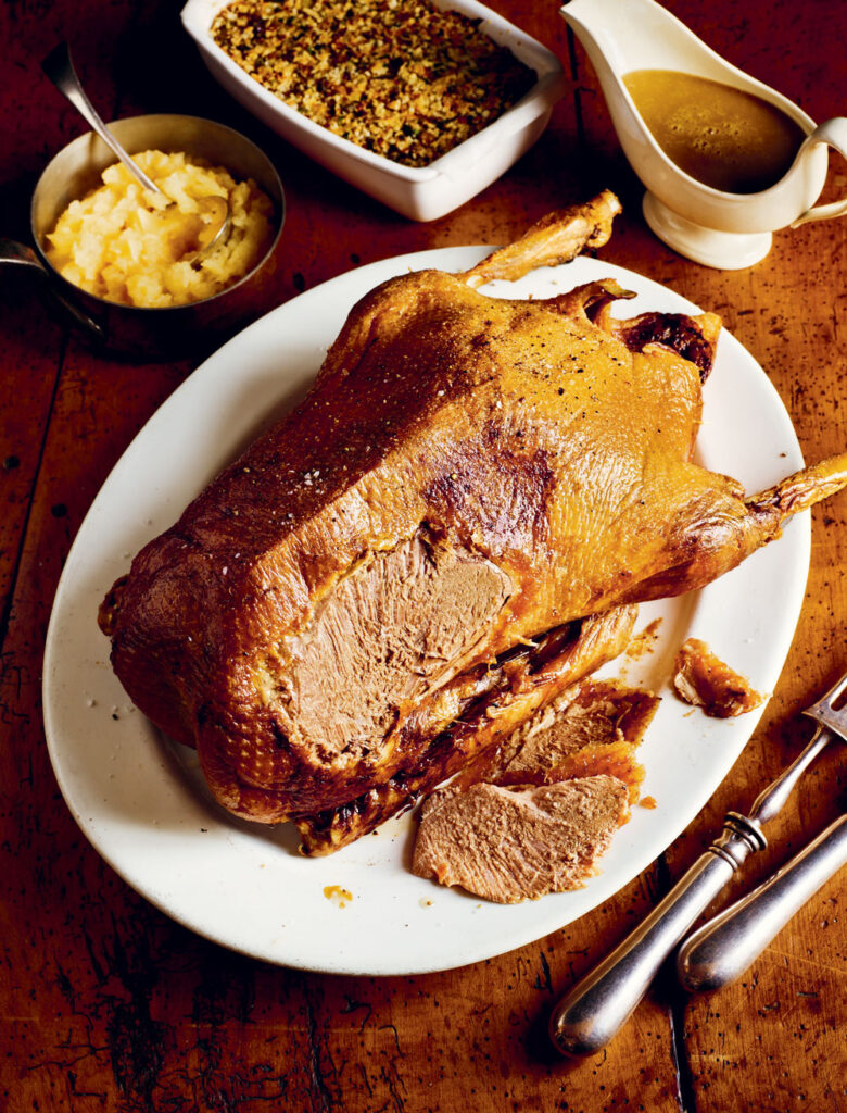 Rick Stein roast goose with sage and onion stuffing and apple sauce