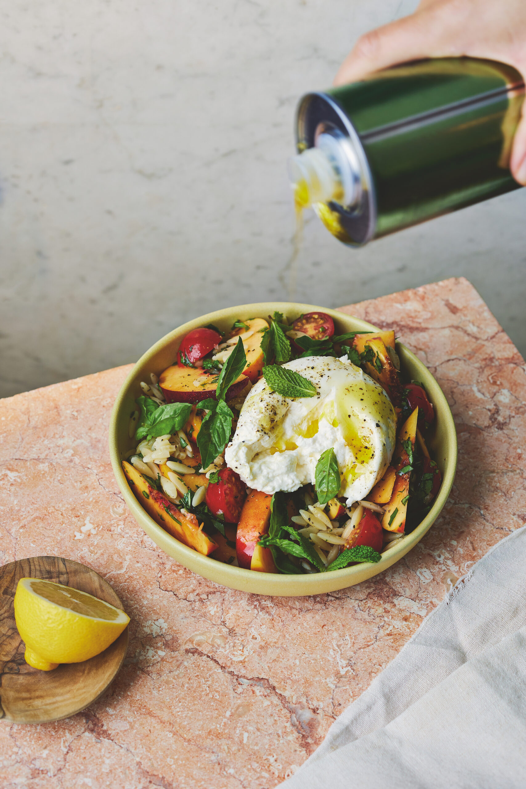 peach, burrata and orzo salad