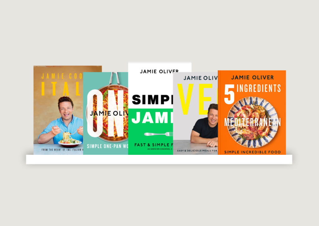 Jamie Oliver cookbooks including Simply Jamie, Jamie Cooks Italy, One, Veg, 5 Ingredients Mediterranean