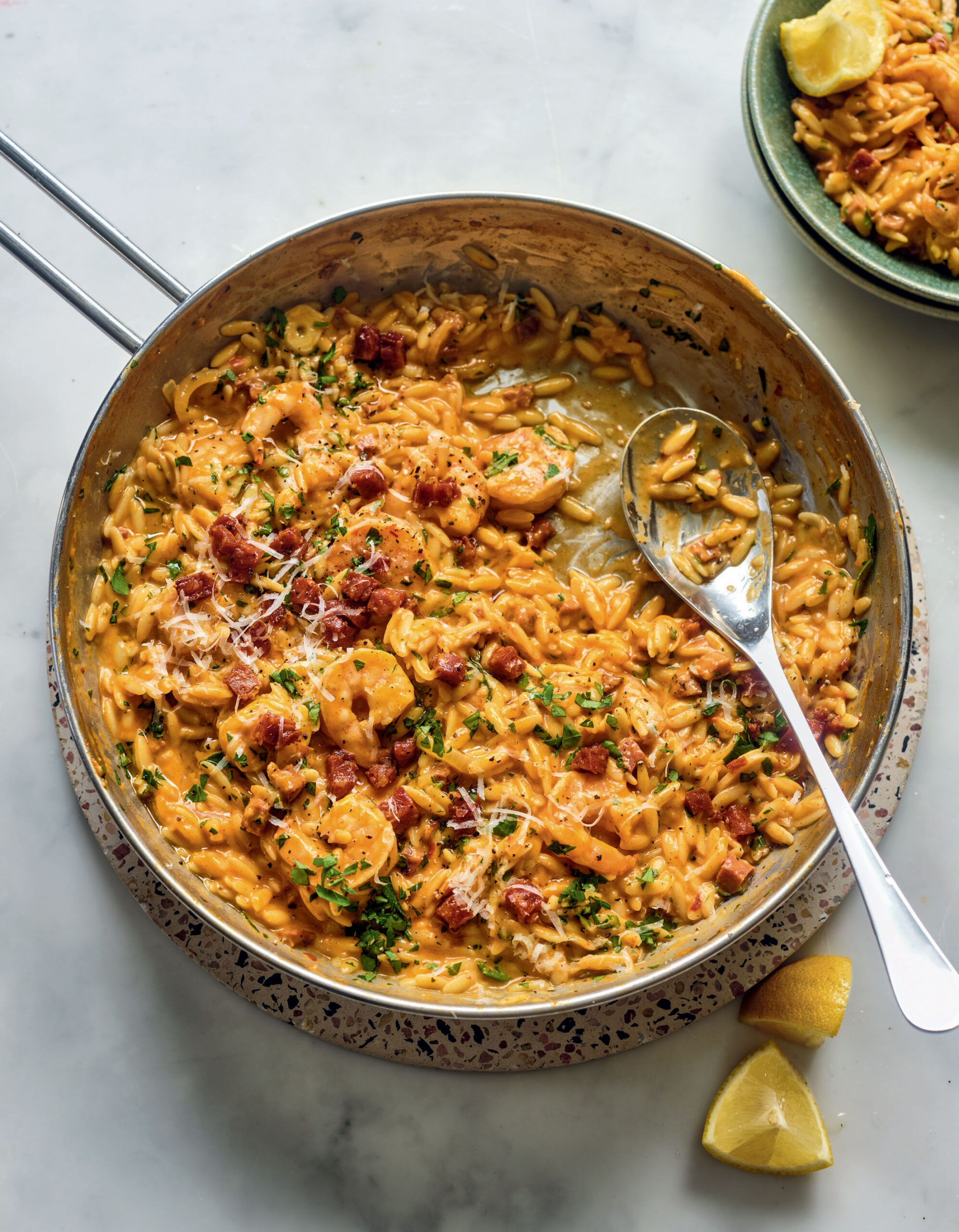 high-protein prawn and chorizo orzo recipe