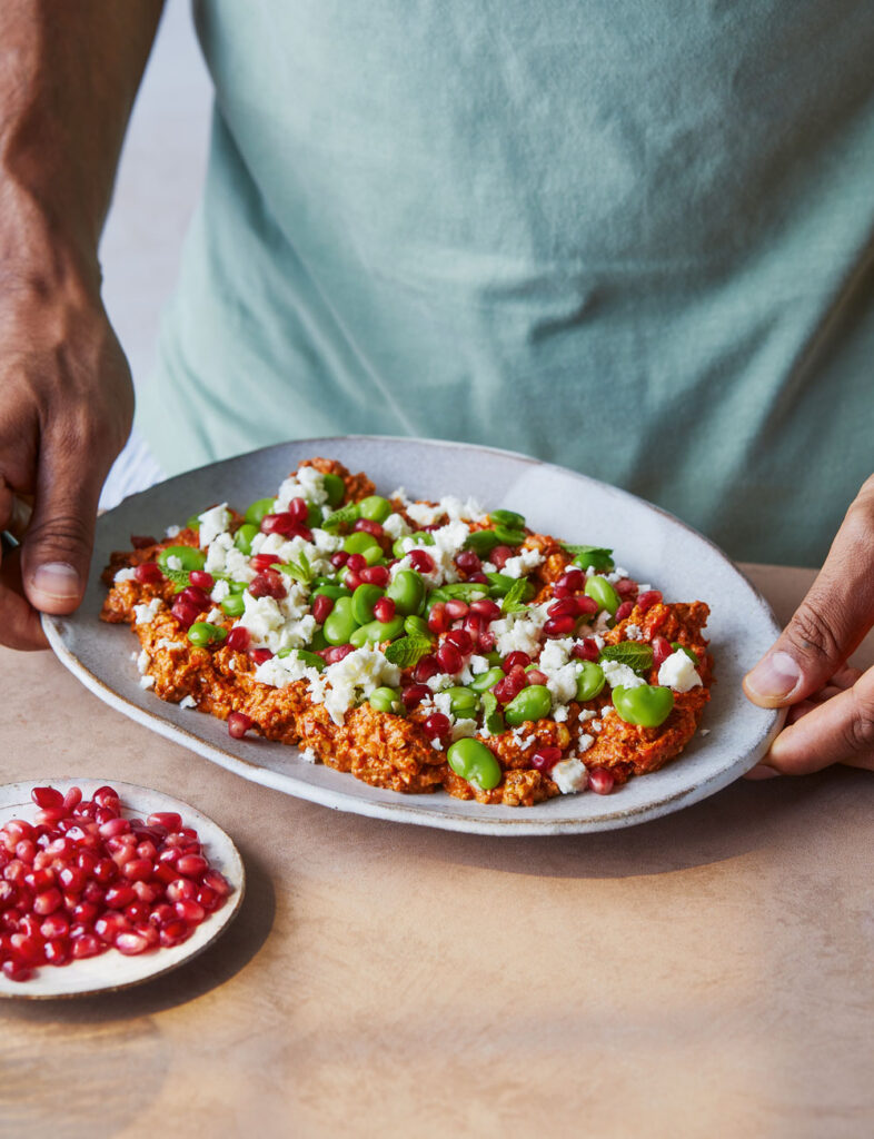 feta, red pepper and pomegranate