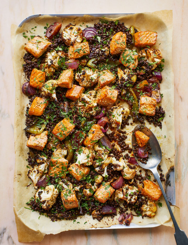 sweet and sticky salmon traybake
