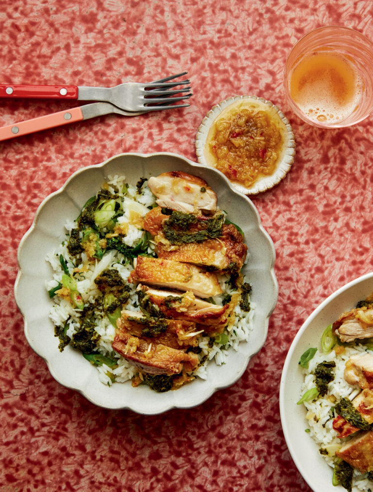 Justin Tsang triple garlic chicken with green rice and sauce