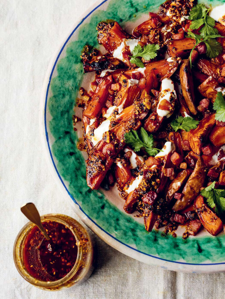 Thomasina Miers Charred Sweet Potatoes with Crispy Bacon and Maple Syrup and Pecan Salsa Macha