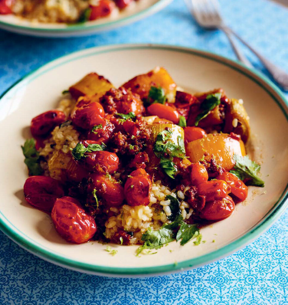 Thomasina Miers Harissa-Roasted Leeks and Tomatoes with Brown-Butter Lime Rice