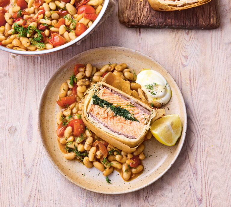 Jamie Oliver fish filo parcel and beans
