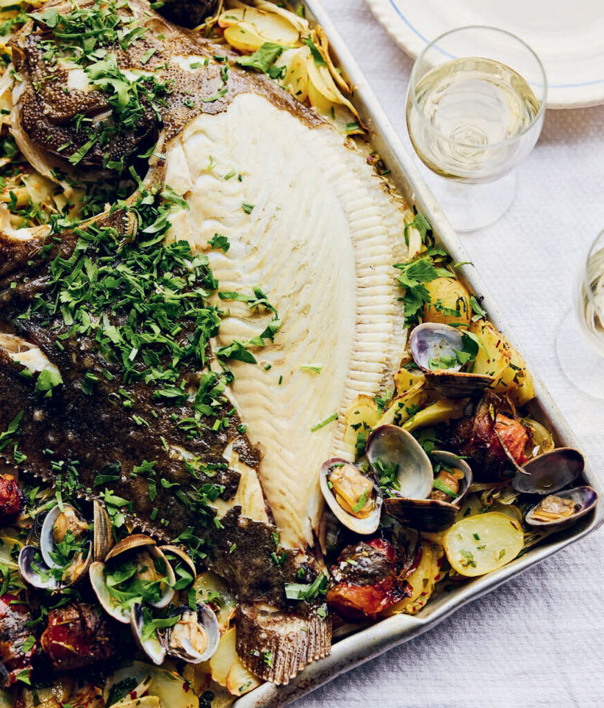 Emily Scott's roasted turbot and clams with chorizo pigs in blankets