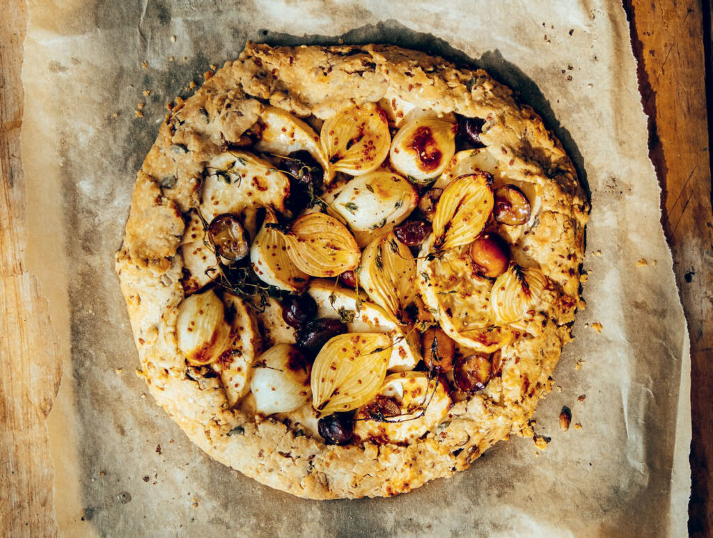 Gaz Oakley sticky onion, celeriac and chestnut galette