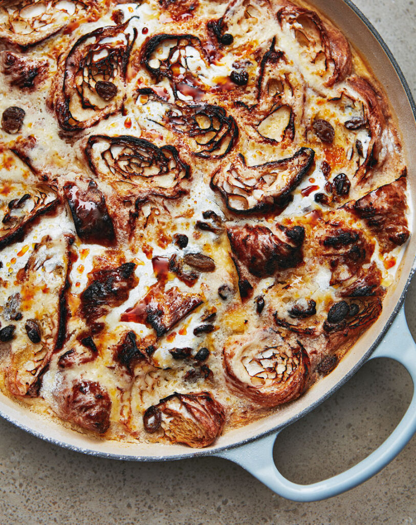 James Martin white chocolate and whiskey croissant butter pudding