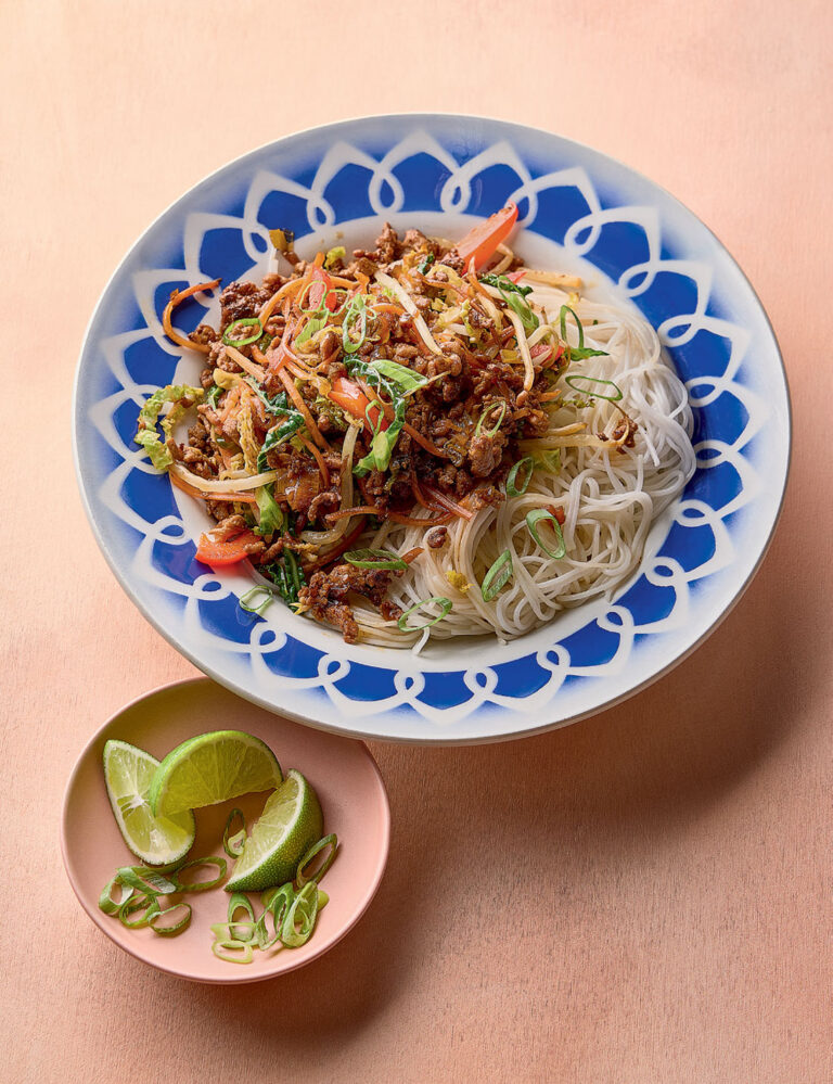 Gluten-free Caramelized Pork and Leek Spring Roll Bowl by Becky Excell