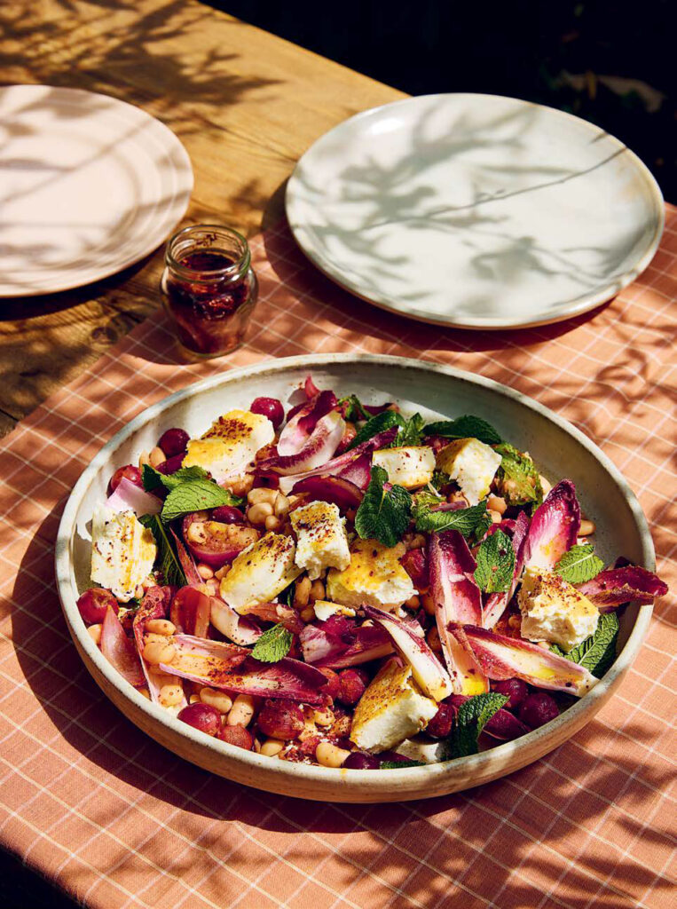Grape and Bean Salad with Fried Manouri Cheese