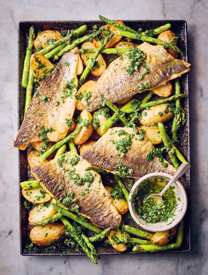 Tray-Baked Sea Bass With Asparagus and New Potatoes