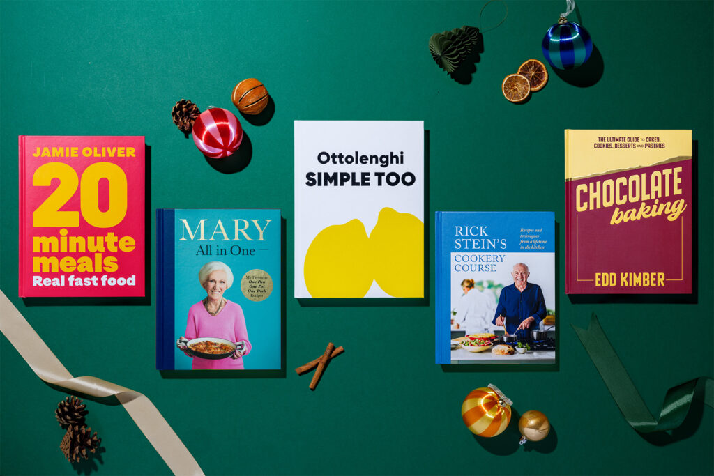 Cookbooks by Ottolenghi, Jamie Oliver, Rick Stein, Mary Berry, and Edd Kimber