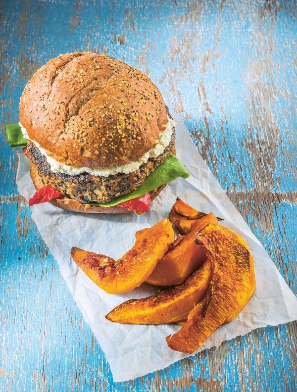 Portobello Pecan Burger with Roasted Pumpkin Wedges | Midweek Meal