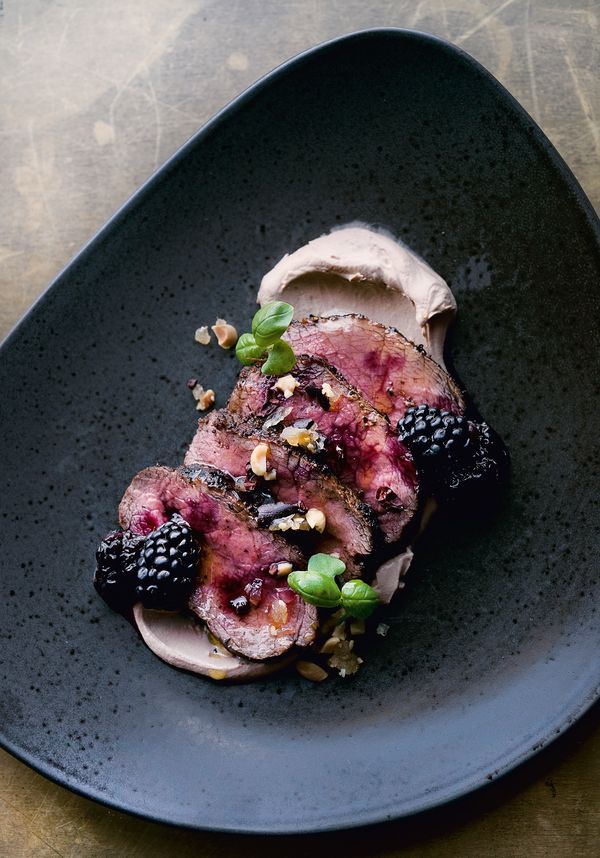 Venison Fillet with Date Labneh, Blackberries and Peanut Crumble | Dinner Party Main