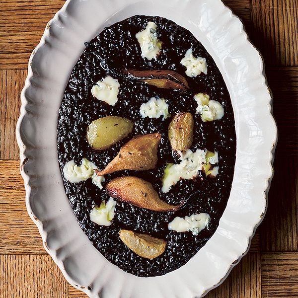 best pear recipes oozy black rice with sweet roasted pears jamie cooks italy