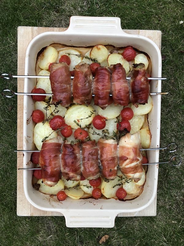 Chicken Skewers Wrapped in Prosciutto with Salsa Verde Stuffing, Potatoes and Tomatoes | Jamie Oliver Midweek Meal 