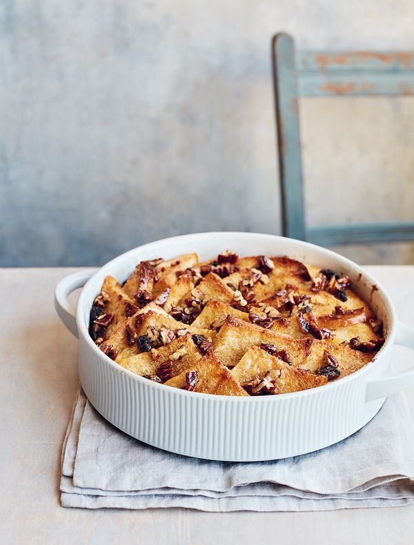 mary berry simple comforts bread and butter pudding pecan topping