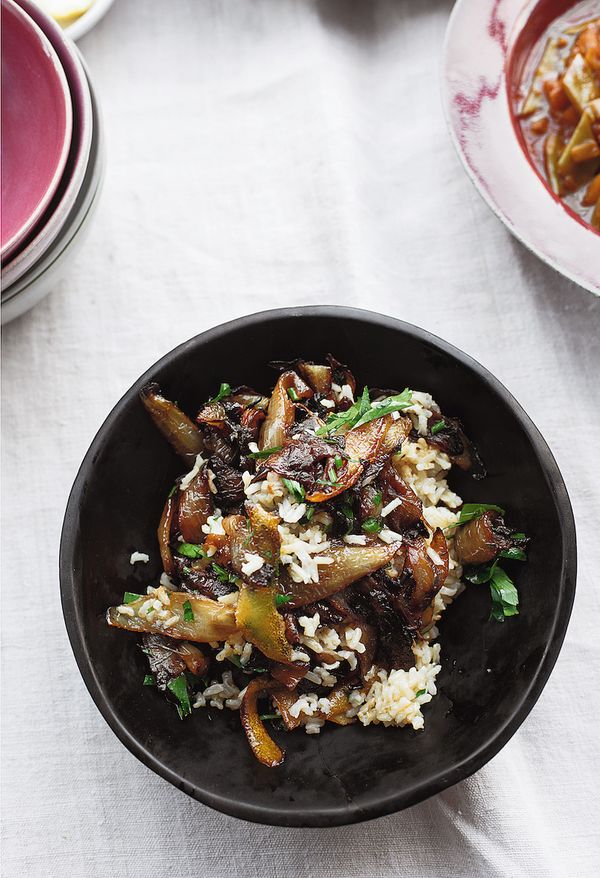 Brown Rice with Caramelised Onions and Black Garlic ottolenghi simple cookbook
