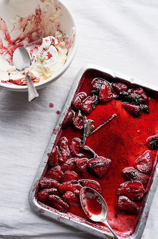 berry dessert alternative strawberries and cream sumac roasted strawberries yoghurt cream ottolenghi simple