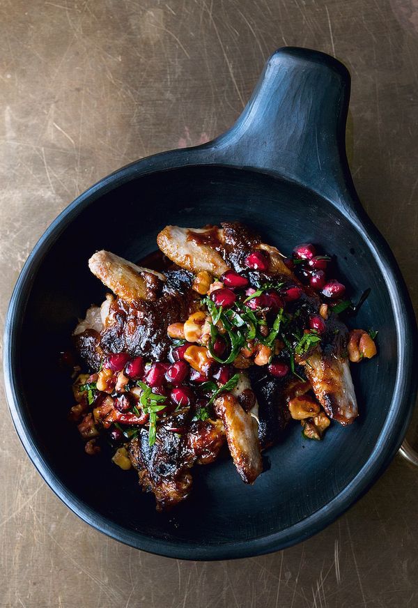 Quails with Burnt Miso Butterscotch and Pomegranate and Walnut Salsa ottolenghi nopi cookbook miso recipes