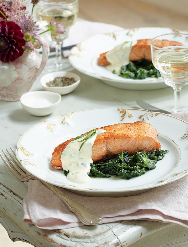 best mary berry salmon recipes salmon fillets on bed of spinach tarragon sauce absolute favourites